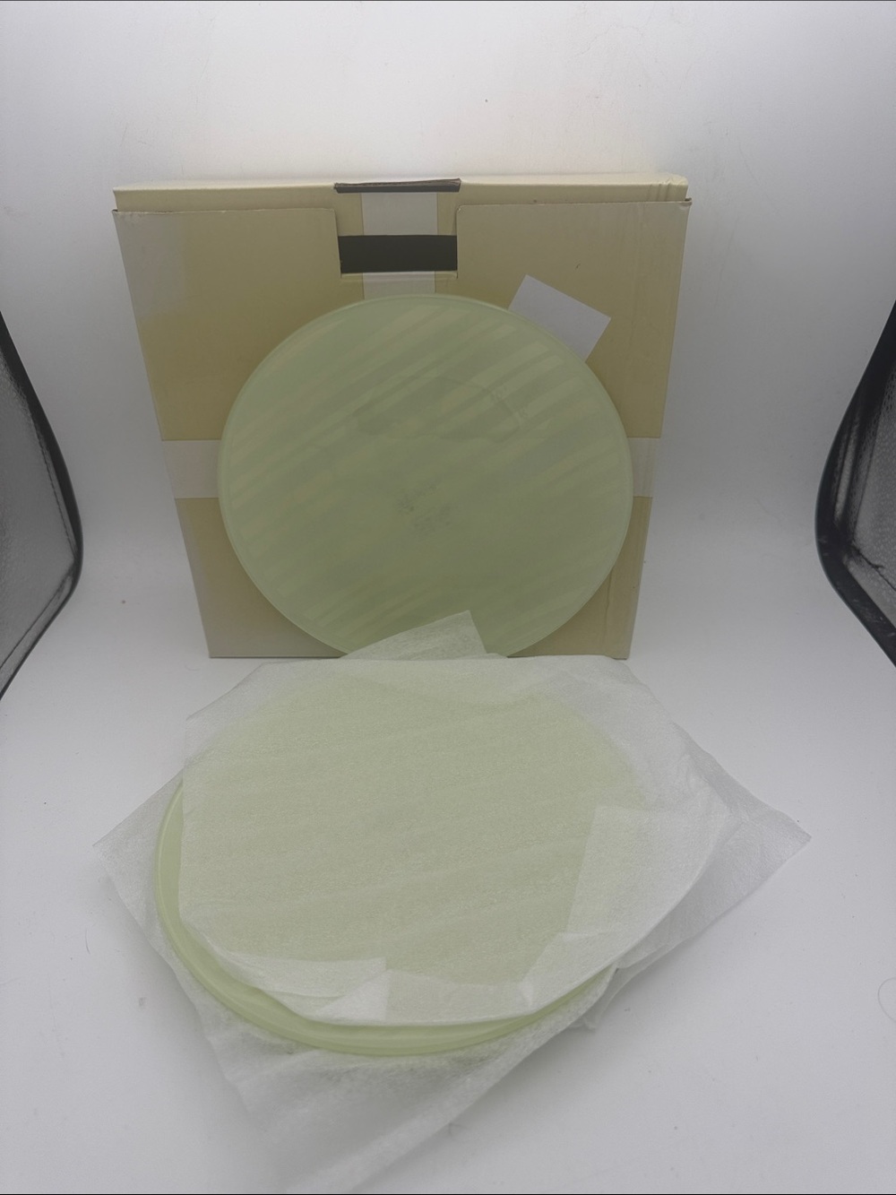 Temptations yellow Striped Glass dessert/ salad  plates 8” new with box